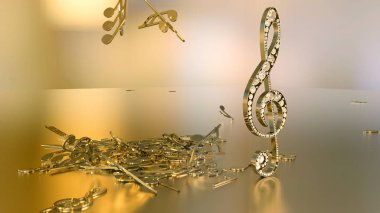 müzikal bir tiz nota anahtarı ve düşen notlar 3D render