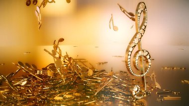 müzikal bir tiz nota anahtarı ve düşen notlar 3D render