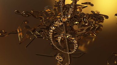 müzikal bir tiz nota anahtarı ve düşen notlar 3D render