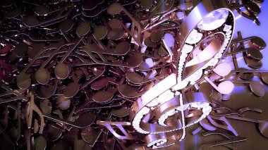 müzikal bir tiz nota anahtarı ve düşen notlar 3D render