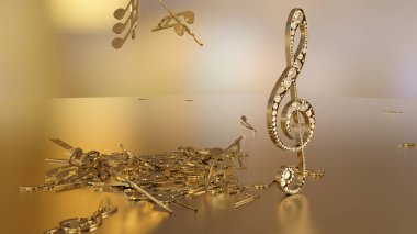 müzikal bir tiz nota anahtarı ve düşen notlar 3D render