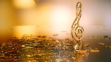 müzikal bir tiz nota anahtarı ve düşen notlar 3D render