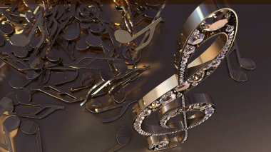 müzikal bir tiz nota anahtarı ve düşen notlar 3D render