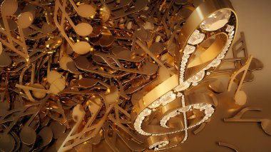 müzikal bir tiz nota anahtarı ve düşen notlar 3D render