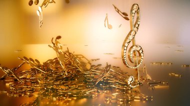 müzikal bir tiz nota anahtarı ve düşen notlar 3D render