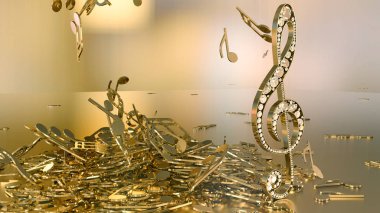 müzikal bir tiz nota anahtarı ve düşen notlar 3D render