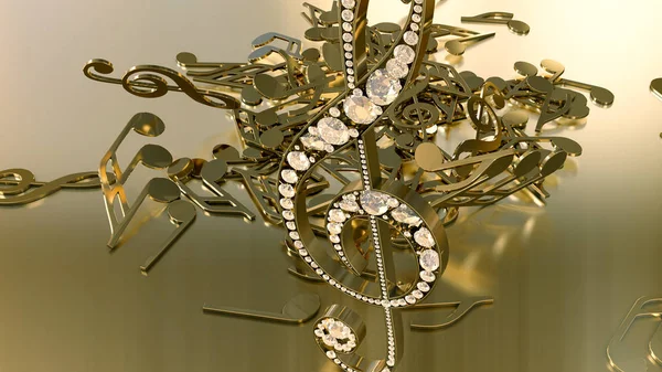 müzikal bir tiz nota anahtarı ve düşen notlar 3D render