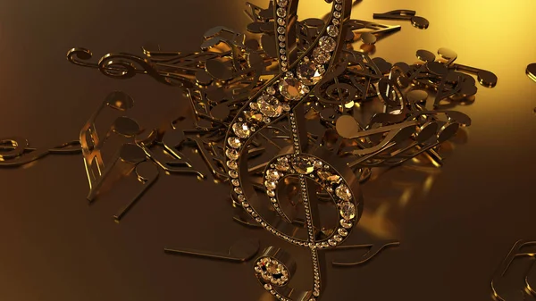 müzikal bir tiz nota anahtarı ve düşen notlar 3D render