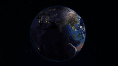 3D render yıldızlı gökyüzünün arka planı uzaydan Dünya. Gölge ve şehirler ile gezegenin ışıklı yan