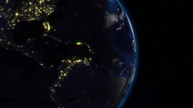 3D render yıldızlı gökyüzünün arka planı uzaydan Dünya. Gölge ve şehirler ile gezegenin ışıklı yan