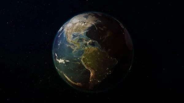 レンダリング 星空の背景の宇宙から地球 都市と地球の影と照明 — ストック写真