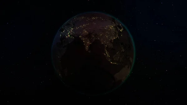 レンダリング 星空の背景の宇宙から地球 都市と地球の影と照明 — ストック写真