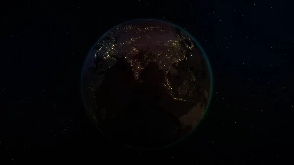 3D rendering Earth from space against the background of the starry sky. Shadow and illuminated side of the planet with cities