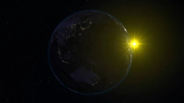 Vykreslování Zemi Vesmíru Pozadí Hvězdné Oblohy Sun Stínů Osvětlené Straně — Stock fotografie