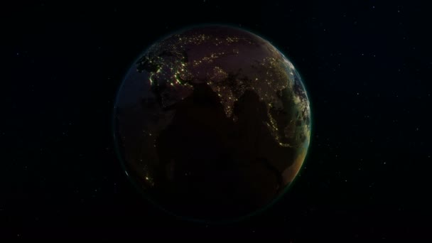 现实地球在空间中旋转 在行星地球是可看见的变化日夜 与正确自转在无缝循环 有夜间照明的城市 — 图库视频影像
