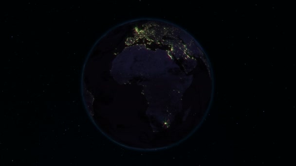 现实地球在空间中旋转 在行星地球是可看见的变化日夜 与正确自转在无缝循环 有夜间照明的城市 — 图库视频影像