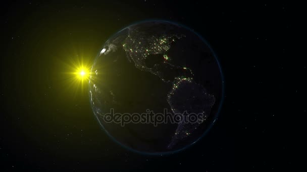 现实的地球 在太空中的星空和太阳 的背景下旋转 在地球上 有一个昼夜的变化 在一个连续循环的正确旋转 有夜间照明的城市 — 图库视频影像