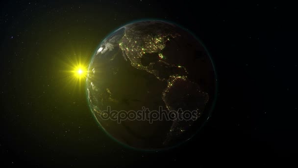 Terre réaliste, tournant dans l'espace sur fond de ciel étoilé et de soleil (boucle). Sur la planète Terre, il y a un changement de jour et de nuit, avec la rotation correcte dans une boucle continue. Il y a des villes avec éclairage nocturne 
