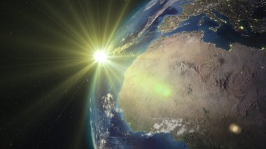 yıldızlı gökyüzü ve güneş gölge ve şehirler ile gezegenin ışıklı yan arka planı uzaydan Dünya 3D render. Gezegenin atmosferini olabilir gündoğumu görüldü