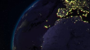3D render yıldızlı gökyüzünün arka planı uzaydan Dünya. Gölge ve şehirler ile gezegenin ışıklı yan