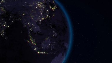 3D render yıldızlı gökyüzünün arka planı uzaydan Dünya. Gölge ve şehirler ile gezegenin ışıklı yan