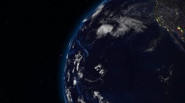 3D render yıldızlı gökyüzünün arka planı uzaydan Dünya. Gölge ve şehirler ile gezegenin ışıklı yan