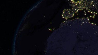 3D render yıldızlı gökyüzünün arka planı uzaydan Dünya. Gölge ve şehirler ile gezegenin ışıklı yan