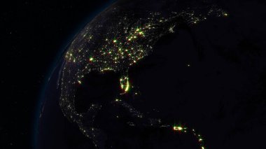 3D render yıldızlı gökyüzünün arka planı uzaydan Dünya. Gölge ve şehirler ile gezegenin ışıklı yan