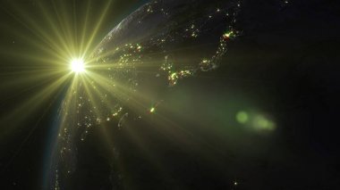 yıldızlı gökyüzü ve güneş gölge ve şehirler ile gezegenin ışıklı yan arka planı uzaydan Dünya 3D render. Gezegenin atmosferini olabilir gündoğumu görüldü