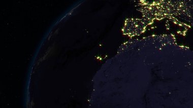 3D render yıldızlı gökyüzünün arka planı uzaydan Dünya. Gölge ve şehirler ile gezegenin ışıklı yan