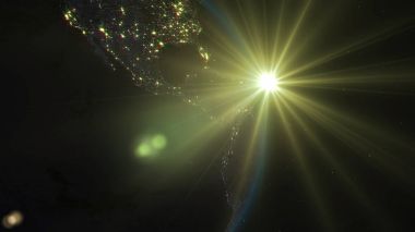 yıldızlı gökyüzü ve güneş gölge ve şehirler ile gezegenin ışıklı yan arka planı uzaydan Dünya 3D render. Gezegenin atmosferini olabilir gündoğumu görüldü