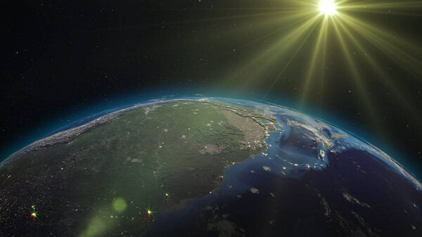 3D rendering Earth from space against the background of the starry sky and the Sun. Shadow and illuminated side of the planet with cities. Through the atmosphere of the planet can be seen the sunrise