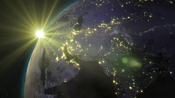 3D rendering Earth from space against the background of the starry sky and the Sun. Shadow and illuminated side of the planet with cities. Through the atmosphere of the planet can be seen the sunrise