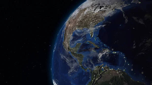 Renderizando Terra Espaço Contra Fundo Céu Estrelado Sombra Lado Iluminado — Fotografia de Stock