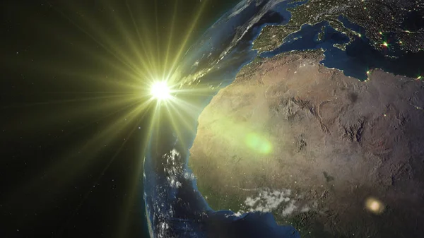Рендеринг Земли Космоса Фоне Звездного Неба Солнца Тень Освещенная Сторона — стоковое фото