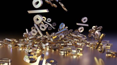 3D render işaretleri yüzde, bir yığın düşüyor. Yansıtıcı bir yüzey hacimsel işaretler