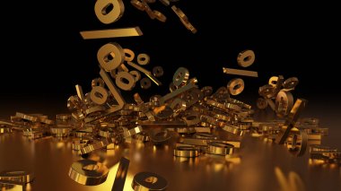 3D render işaretleri yüzde, bir yığın düşüyor. Yansıtıcı bir yüzey hacimsel işaretler