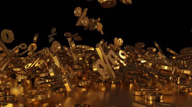 3D render işaretleri yüzde, bir yığın düşüyor. Yansıtıcı bir yüzey hacimsel işaretler