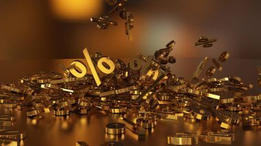 3D render işaretleri yüzde, bir yığın düşüyor. Yansıtıcı bir yüzey hacimsel işaretler