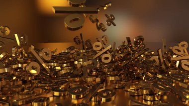 3D render işaretleri yüzde, bir yığın düşüyor. Yansıtıcı bir yüzey hacimsel işaretler