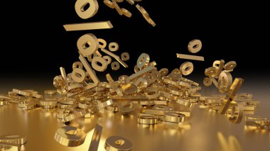 3D render işaretleri yüzde, bir yığın düşüyor. Yansıtıcı bir yüzey hacimsel işaretler