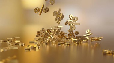 3D render işaretleri yüzde, bir yığın düşüyor. Yansıtıcı bir yüzey hacimsel işaretler