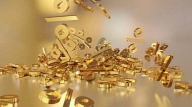 3D render işaretleri yüzde, bir yığın düşüyor. Yansıtıcı bir yüzey hacimsel işaretler