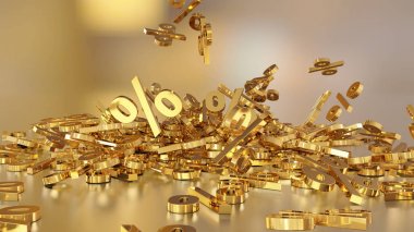 3D render işaretleri yüzde, bir yığın düşüyor. Yansıtıcı bir yüzey hacimsel işaretler