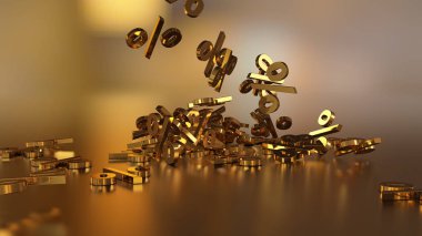 3D render işaretleri yüzde, bir yığın düşüyor. Yansıtıcı bir yüzey hacimsel işaretler