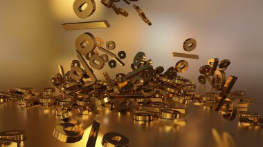 3D render işaretleri yüzde, bir yığın düşüyor. Yansıtıcı bir yüzey hacimsel işaretler