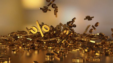 3D render işaretleri yüzde, bir yığın düşüyor. Yansıtıcı bir yüzey hacimsel işaretler