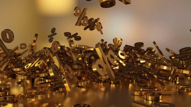 3D render işaretleri yüzde, bir yığın düşüyor. Yansıtıcı bir yüzey hacimsel işaretler