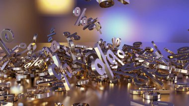 3D render işaretleri yüzde, bir yığın düşüyor. Yansıtıcı bir yüzey hacimsel işaretler