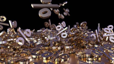 3D render işaretleri yüzde, bir yığın düşüyor. Yansıtıcı bir yüzey hacimsel işaretler